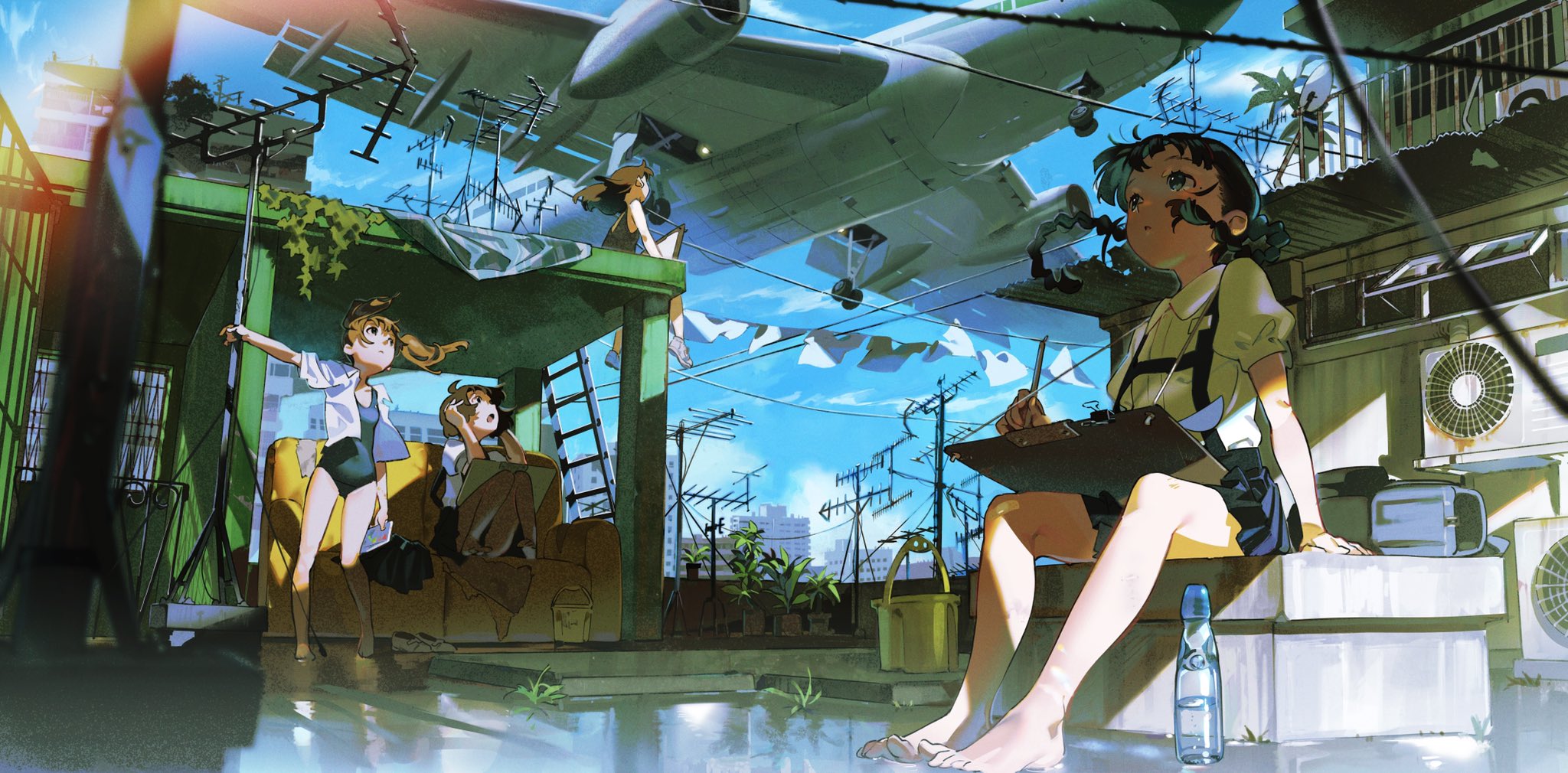 the image depicts a vibrant anime scene on a rooftop in the city. four young girls are enjoying their summer day as a plane flies remarkably close overhead. one girl sketches in a notebook while seated on a ledge, while others lounge or stand nearby. laundry dries on clotheslines strung across the rooftop, adding to the livedin feel of the setting. the bright sunshine and low angle create a dynamic perspective that emphasizes the height of the buildings and the plane soaring above.  the overall mood is carefree and evocative of youthful summer days.