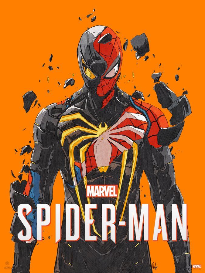 the image is a closeup illustration of spiderman's head and torso against an orange background. spiderman's suit is black with red and yellow accents, and his mask is half black and half red. he appears to be breaking free from a structure as pieces of it are scattered around him. the marvel logo and the words "spiderman" are written in white letters below him.  the overall style of the artwork is stylized and somewhat abstract.