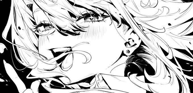 this is a black and white illustration of an anime girl with long hair, looking off to the side with a happy, smiling expression. she has big, expressive eyes and a cheerful demeanor. the image is drawn in a stylized, graphic style with heavy lines and sharp details.