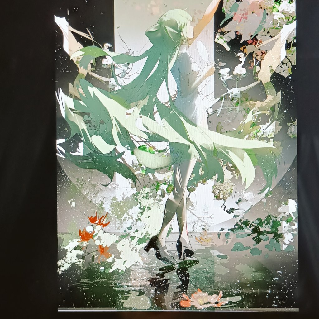 the image is a digital painting or illustration depicting a young animestyle girl with long, flowing green hair. she's wearing a flowing, pale green dress and dark shoes.  her pose is graceful, almost ethereal. the background is a blend of soft, muted colors with a dominant floral motif and a suggestion of water or moonlight reflecting on the ground around her. the style is highly artistic and detailed, with a whimsical and dreamlike quality.  the overall effect is one of elegance and fantasy.