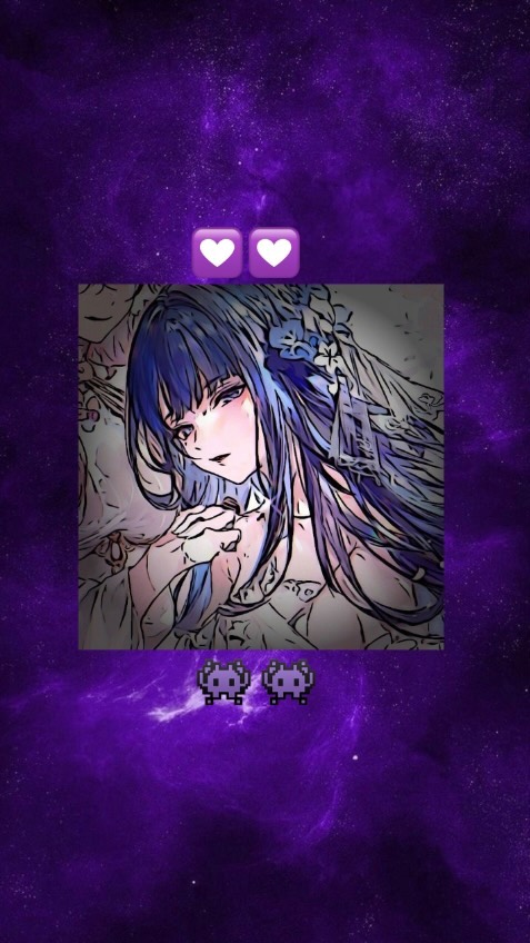the image features a stylized anime girl with long purple hair, wearing an elegant dress and veil. she's depicted in a soft, dreamy style against a backdrop of a purple galaxy filled with sparkling stars.  small pixel art hearts and aliens are added to the image as decorative elements.  the overall color scheme is predominantly purple with various shades and tints used to create depth and atmosphere.