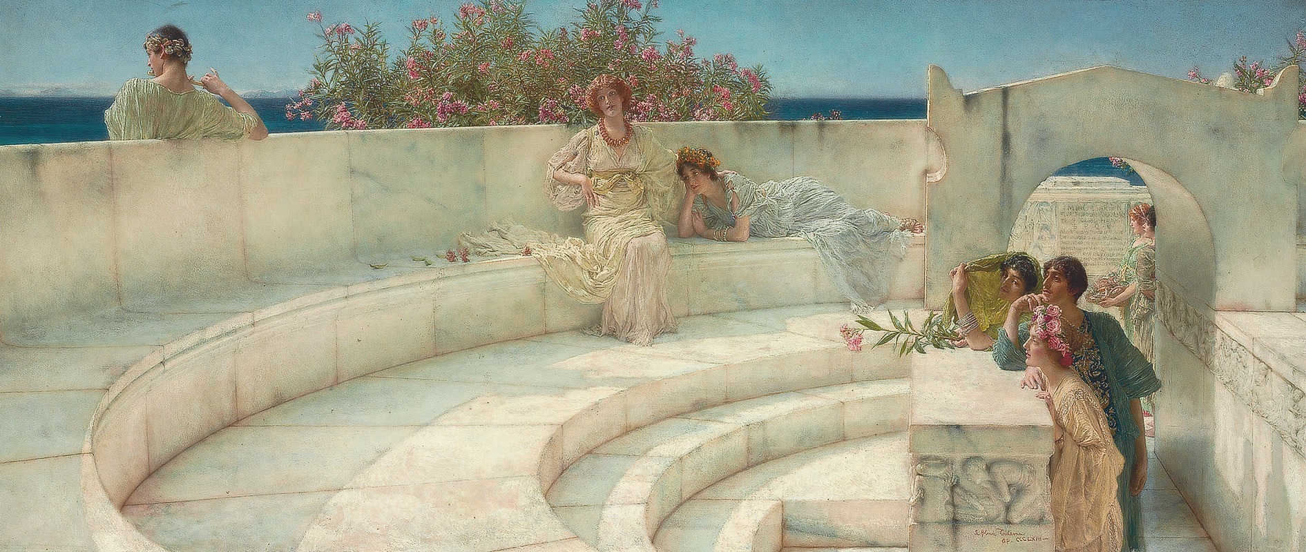 the painting depicts a scene of leisure and contemplation on an outdoor terrace. several women are present, dressed in classical gowns, suggesting an ancient greece or roman setting. some are seated, reclining, or standing on the terrace, which features a circular design and stone architecture. flowers and plants decorate the scene, adding to the serene atmosphere. in the background, there's a view of the sea, and the overall composition evokes a sense of tranquility and reflection.