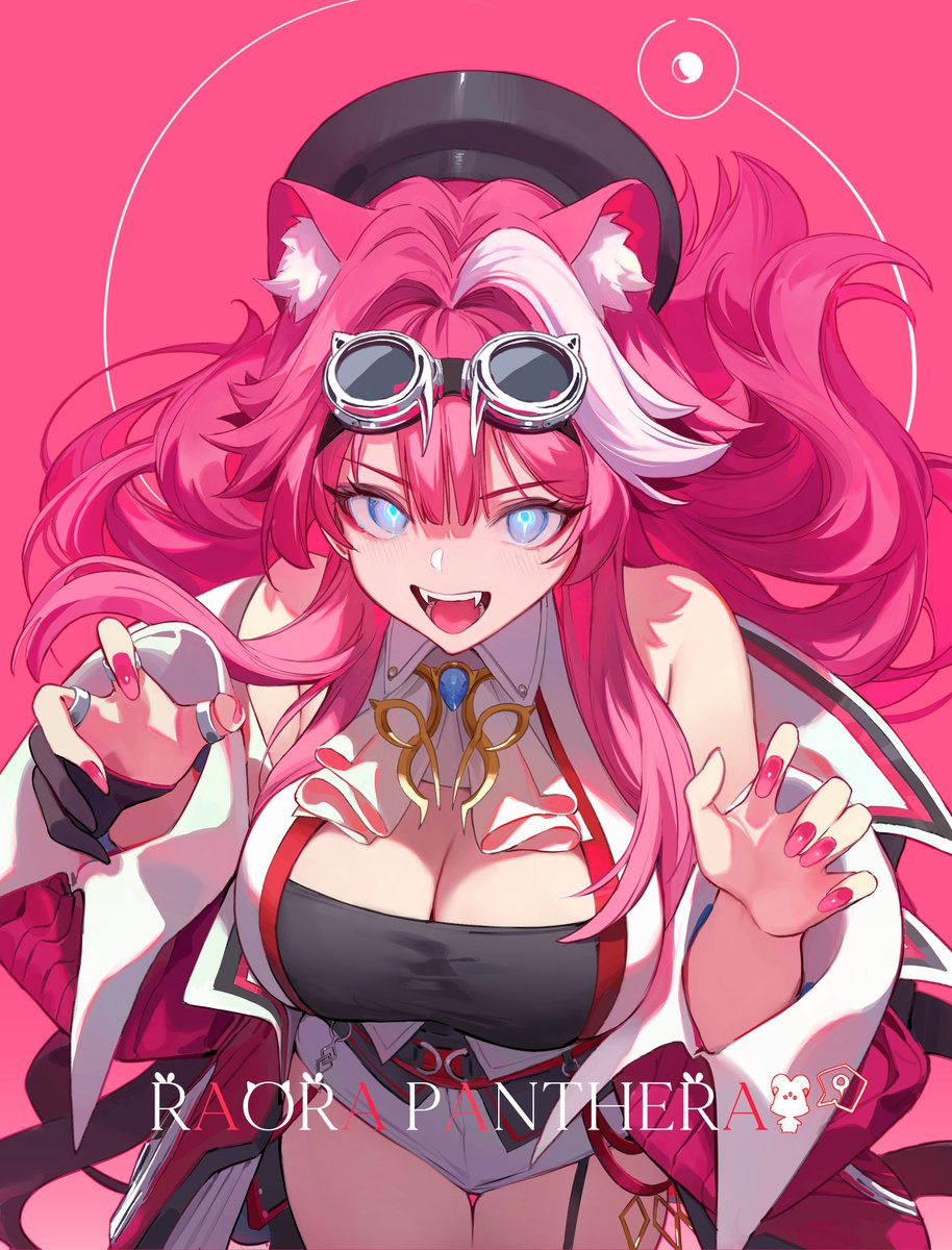 a digital illustration of an anime girl with pink and white hair and heterochromia, wearing a white shirt, goggles, and cat ears against a pink background.  she is also wearing black gloves and has long nails.
