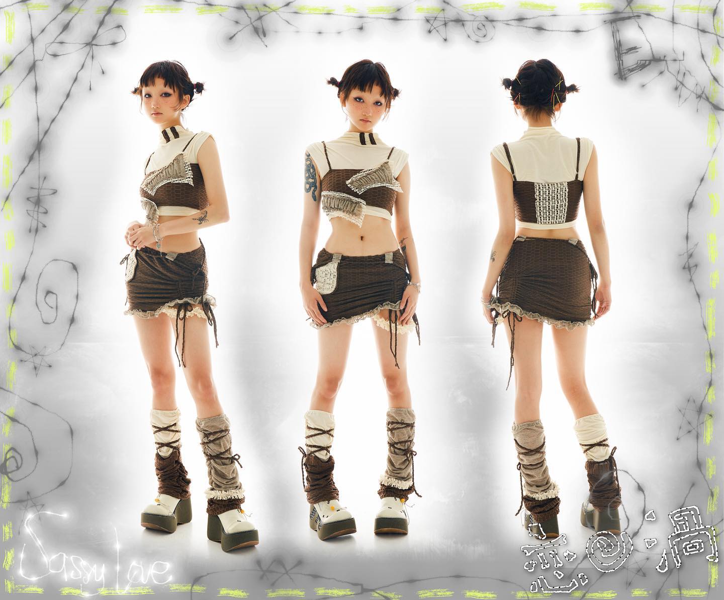 he image shows a young woman modeling a threequarter length outfit. the outfit consists of a brown and beige patchwork top and skirt. it is a layered look with elements of both grunge and cute styling. the model is posed three times in a row in the image, showing the front, side and back of the outfit.  she wears high laceup boots and leg warmers. the background is white with a decorative border. the brand name "sassy love" is written on the bottom left. the overall style is alternative and edgy, with a touch of  kawaii.