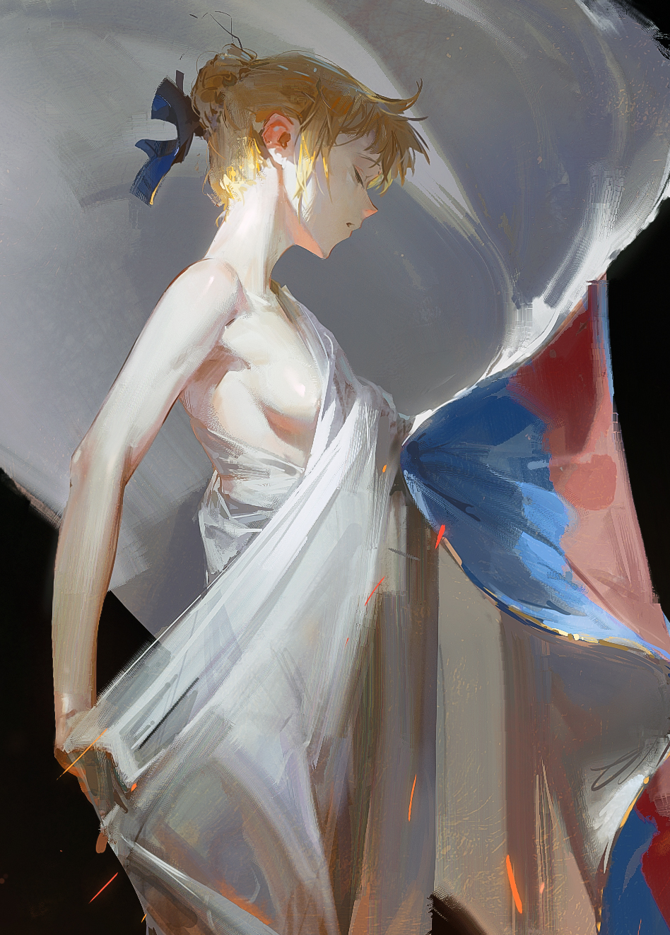 this digital painting is a beautiful illustration of an anime girl with blonde hair. she is wearing a flowing white dress, and the fabric is flowing around her. she is looking down, and the background is a dark, abstract swirl of colors. the image is very colorful and has a sense of fantasy and elegance.  the image has a subtle, minimalist approach with just enough details to give the viewer an idea of the scene.  the use of light and shadow is beautiful and creates a sense of depth.  it looks like a painting done in an impressionistic style, with broad strokes and soft edges.