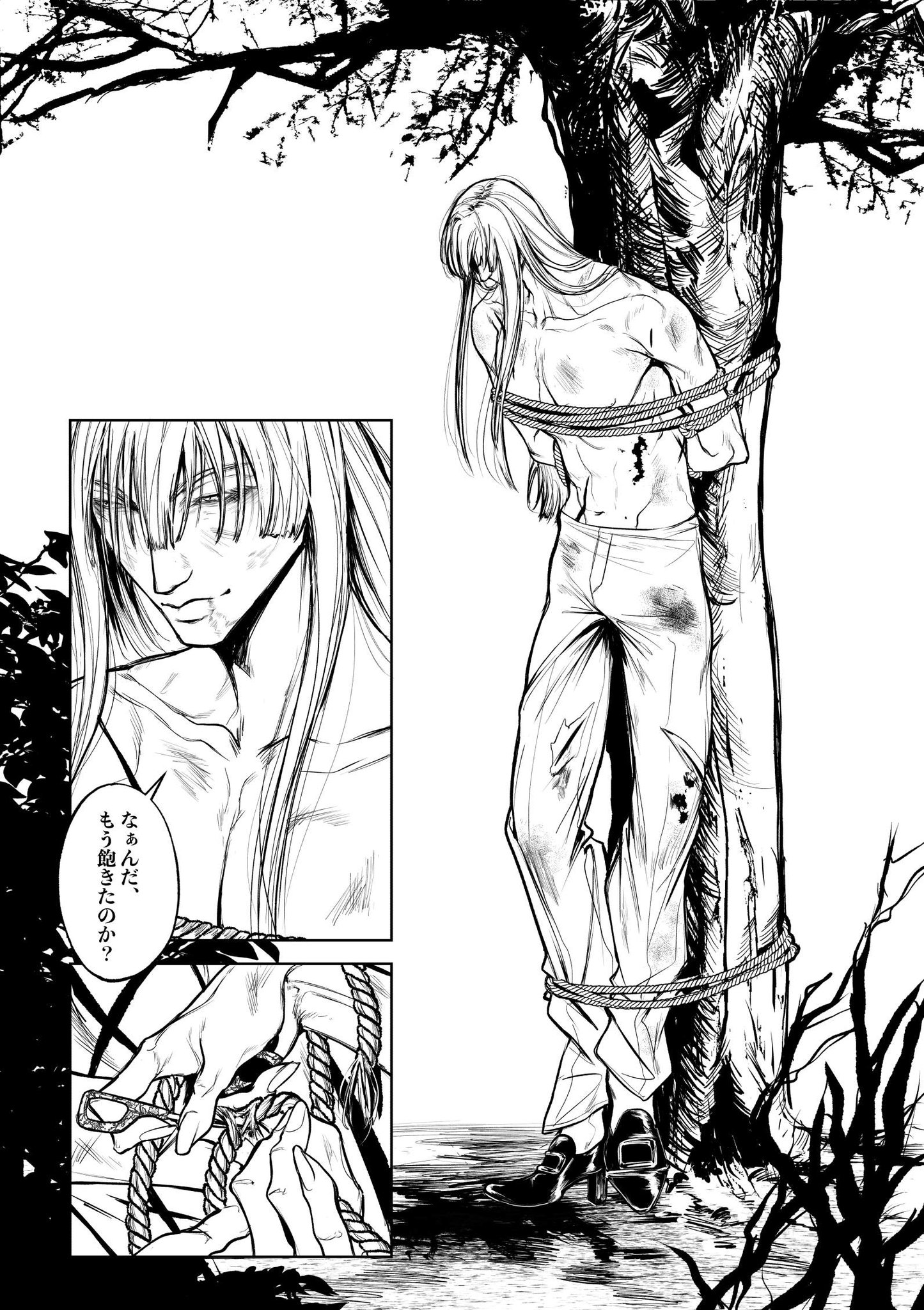the image is a black and white mangastyle illustration.  it depicts a man tied up to a tree in a forest. the man's head is tilted down, with a look of sadness and resignation. he is bound by ropes around his wrists and ankles, and the rope is also tied around the tree trunk. the man's long hair falls over his shoulders, obscuring most of his face. the scene is set in a dark and mysterious forest. the thick linework and detailed shading create a sense of atmosphere and realism. the image is a compelling representation of the man's helpless state.