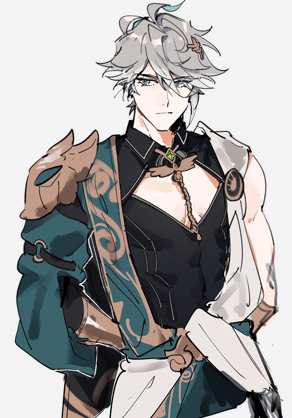 this is a drawing of an anime character. the character has white hair, blue eyes, and is wearing a mix of black and green clothes with armor and a sword. the character looks like they are ready for battle. the illustration is done in a simple style, with soft lines and muted colors.