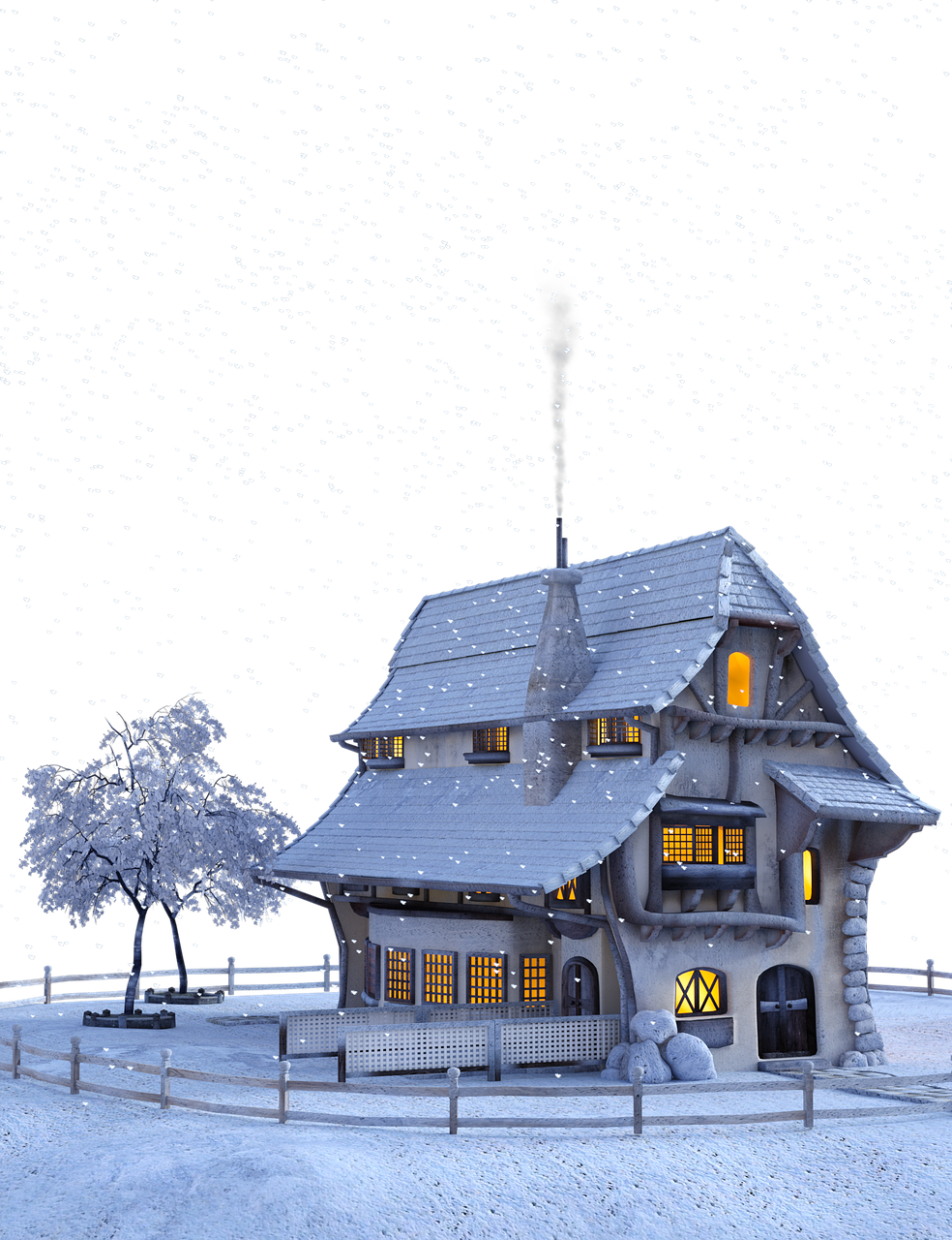 a whimsical cottage stands in a snowy landscape at night. the house is lit from within, casting a warm glow on the surrounding snow. a bare tree sits to the left of the house. a wooden fence encloses the property, and snow falls from the starry sky above.