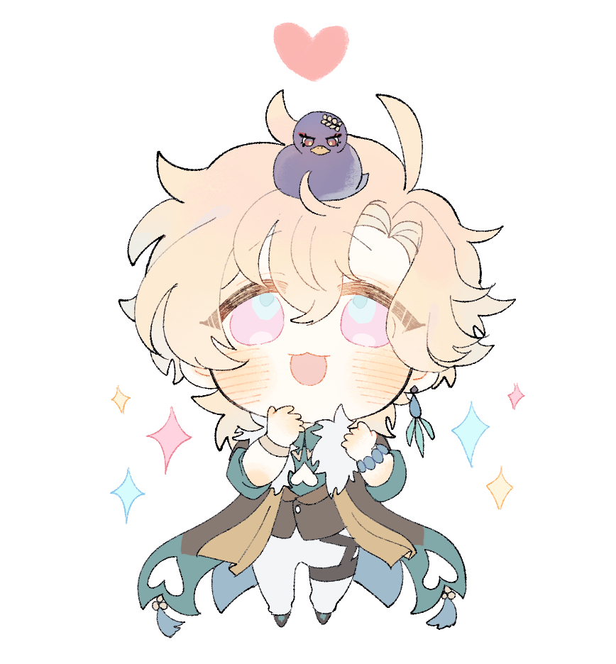 the image is a cute chibistyle illustration of a blondehaired anime boy with large blue eyes. he's wearing a teal and beige outfit with a furry collar and has a small, darkcolored bird perched on his head.  the overall style is pastel and whimsical, with sparkling effects around the boy, and a small pink heart above him. the art is soft and charming, reminiscent of digital fanart or an online character design.