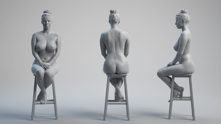 the image shows three identical 3d models of a nude female figure, each seated on a wooden stool in a relaxed pose. the figures are rendered in a grayishwhite material, reminiscent of clay or plaster, and are illuminated by soft, diffused lighting that eliminates harsh shadows. the background is a plain white, further emphasizing the figures. the image is a study in form, anatomy, and light, often used as a reference for artists.