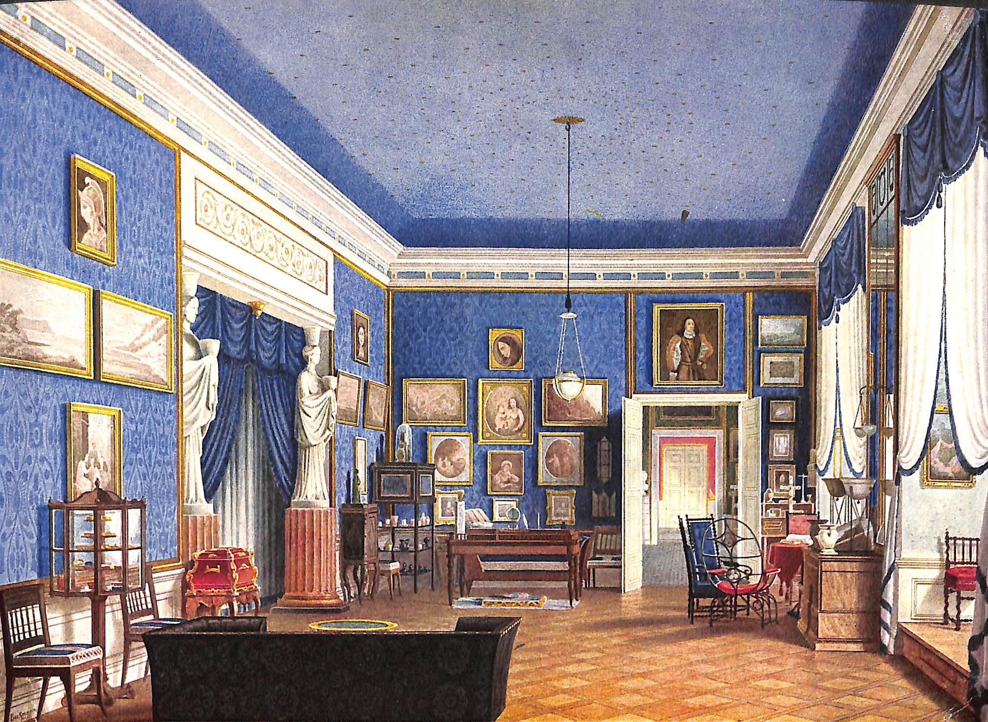 the image is a painting depicting a bluethemed interior space, possibly a room within a grand house or museum. the walls are a patterned blue, adorned with numerous framed paintings and artwork of various sizes. the ceiling is also painted blue. there are two statues flanking a doorway on the left side of the image. a light fixture hangs from the center of the ceiling. various pieces of furniture, including chairs, tables, and cabinets, are arranged throughout the room. a doorway leads to another room. a window is on the right side. the floor is tiled in a light brown pattern.