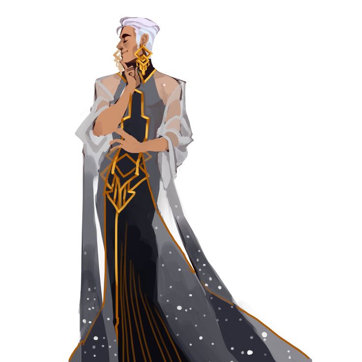 a man with silver hair and a black and gold dress with a white robe stands to the left of the image. his left hand rests on his chin and his right arm is on his side, with his right hand outstretched. the man is in a regal pose and appears to be looking off into the distance.