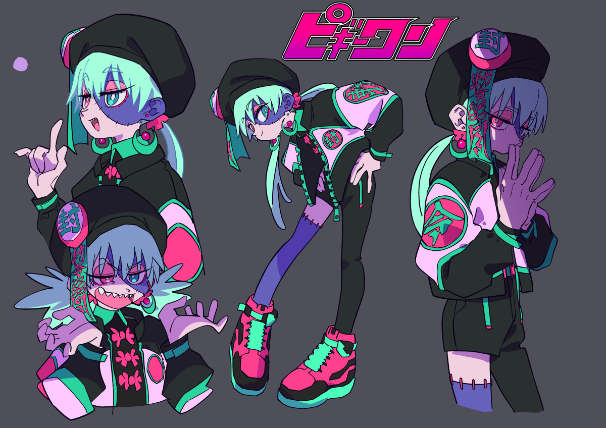 the image showcases a digital character design of a young woman with a distinctive cyberpunk and monster girl aesthetic.  she has mint green hair styled in long twintails, piercing blue eyes with one eye covered, and visible teeth bared in a mischievous grin. her attire includes a black beret, a black and teal jacket with kanji detailing, and chunky pink and black sneakers.  the art style is dynamic and expressive, with exaggerated features and vibrant colors. she is presented in four different poses, offering a full view of her design and personality.