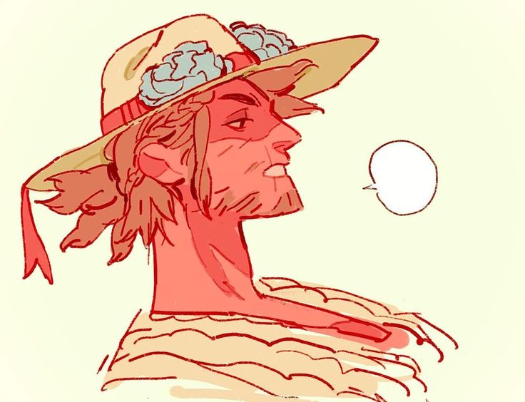 a profile cartoon drawing of a man in a large hat. he is facing away from the viewer and looking to the side, with a serious expression. he appears to be thinking and has a speech bubble above his head. the colors used in the drawing are red, white, and yellow.