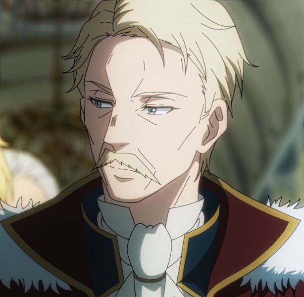 an anime character with blond hair and a mustache. he is wearing a dark blue and red formal suit with a white collar and a white ruffle underneath. he looks serious.
