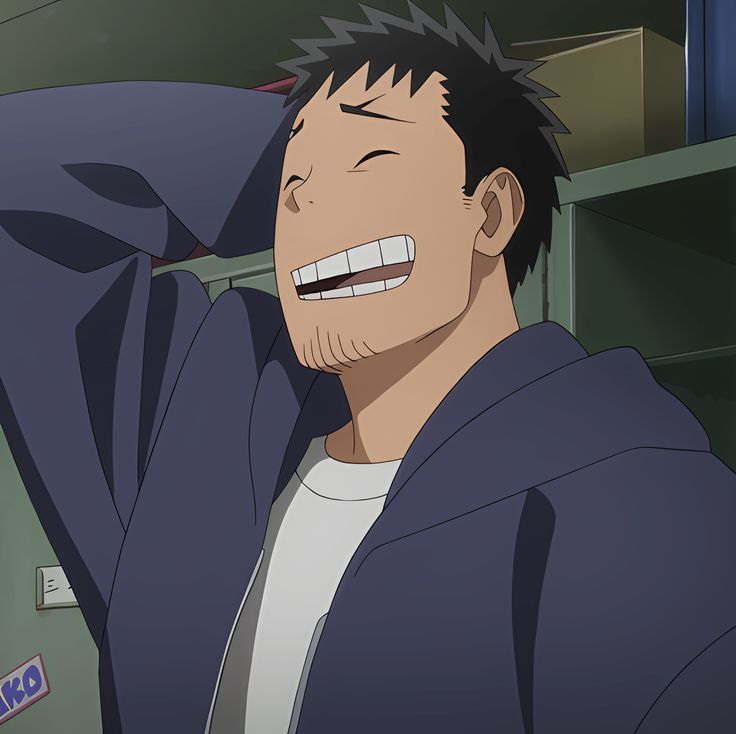 a young man with short dark hair and a stubbly beard smiles broadly with his eyes closed. he is wearing a dark blue hoodie over a white shirt. he leans back, resting his right hand on the back of his head. the setting appears to be an indoor space, possibly a locker room, with a light source illuminating him from the front.  content: portrait, smilingpeople: young man environment: indoors, locker roomlighting: soft lightingperspective: eyelevelkw: happiness, relaxation, contentment, casual, closeup, anime