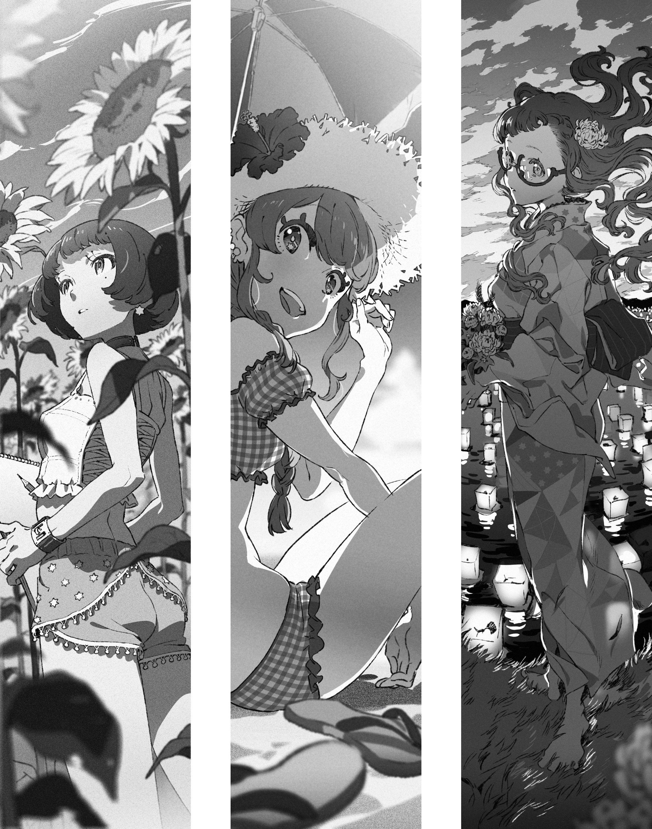 the image consists of three vertical panels, each depicting a girl enjoying a summertime scene. the left panel features a girl in a field of sunflowers, the middle panel shows a girl relaxing on a sandy beach, and the right panel showcases a girl at a waterside festival with floating lanterns. all three panels are in black and white and feature detailed linework and shading.