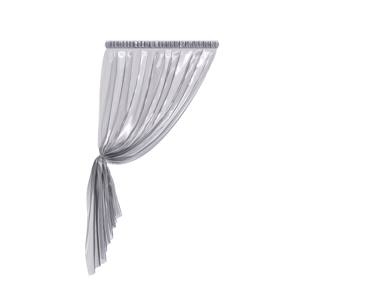 the image shows a grey, sheer curtain draped to one side and tied with a portion of the fabric. the curtain is suspended from a rod, with visible pleats at the top. the background is solid black, emphasizing the curtain's form and texture.