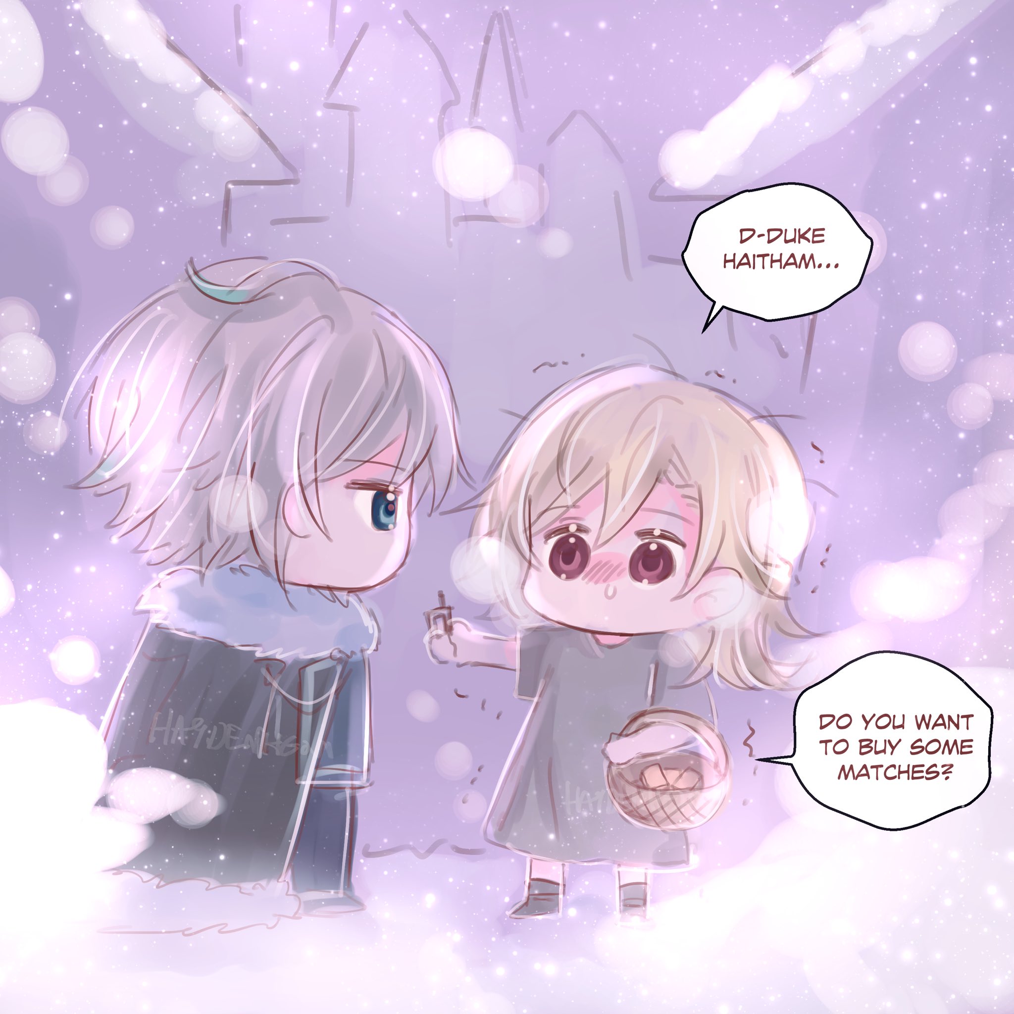the image shows a scene from an anime or manga. two chibi characters are standing in a snowy landscape. the boy is on the left and the girl is on the right. both characters have large eyes and are dressed in winter clothes. the boy is wearing a dark coat and the girl is wearing a gray dress. the girl is holding a basket with matches in it. the girl is asking the boy if he wants to buy some matches. the background is a blurry image of a snowy forest. the image is colored in soft, pastel tones.  there are several snowflakes falling in the air.