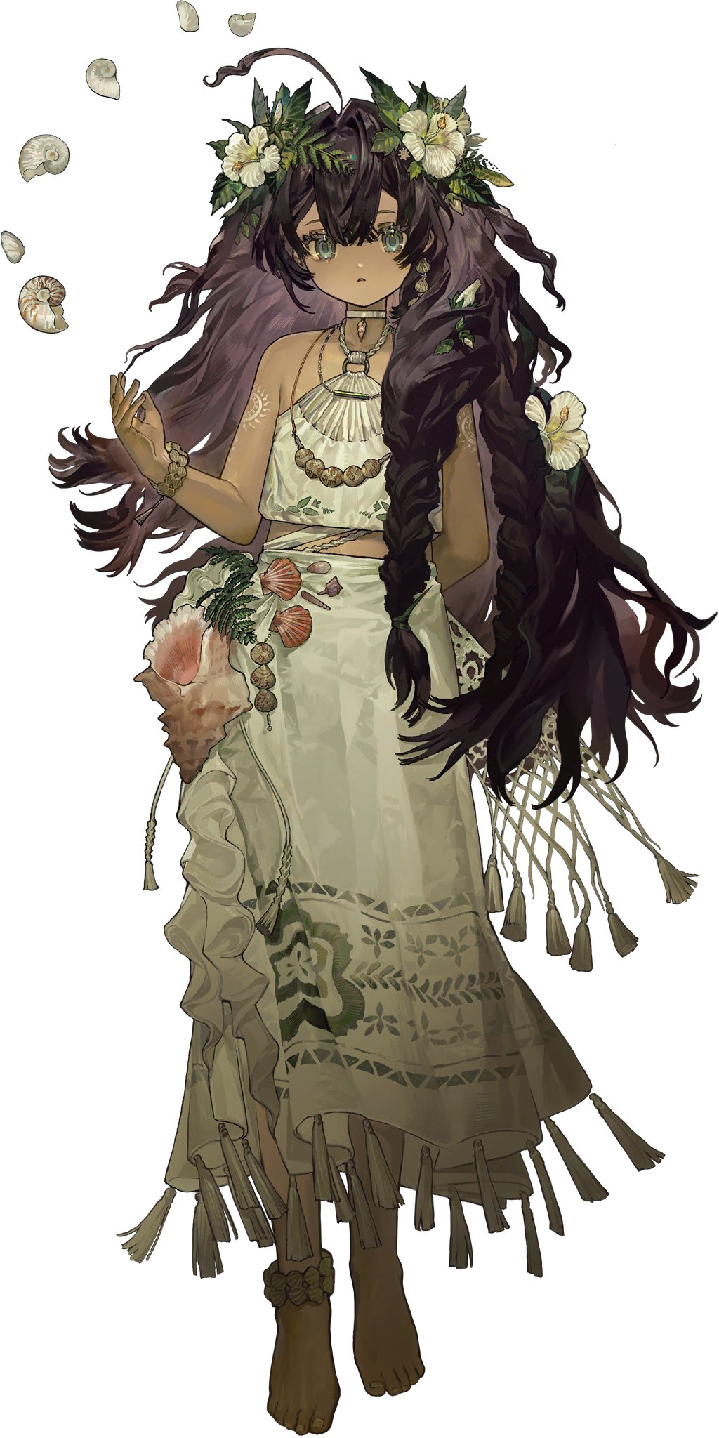 he image showcases a digital painting or illustration of a young animestyle woman.  she has long, dark purple hair styled in a braid, and wears a floral crown. her skin is brown, and she's dressed in a flowing, lightcolored garment reminiscent of traditional polynesian or pacific islander clothing, adorned with shells and other decorative elements. she holds several small shells in one hand and has a calm and serene expression. the overall style is ethereal and magical, with a focus on details such as the intricate patterns on her clothing and the delicate flowers. the background is plain white, allowing the character and her attire to stand out prominently.
