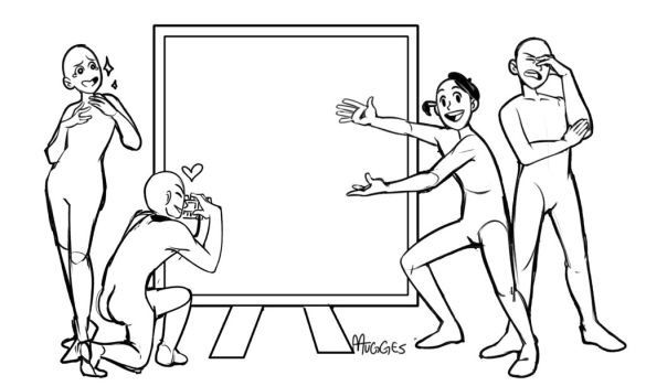 this is a drawing with an empty space in the middle that can be used as a base for a drawing or illustration. the image includes four human figures in various poses, suitable for drawing reference. they are standing in front of a large empty rectangle, which can be used as the background. the figures are drawn in an outlined style with no shading or color, making it easier to trace or adapt to different styles. the image is intended for artists who want to practice drawing human figures or need inspiration for posing their characters.