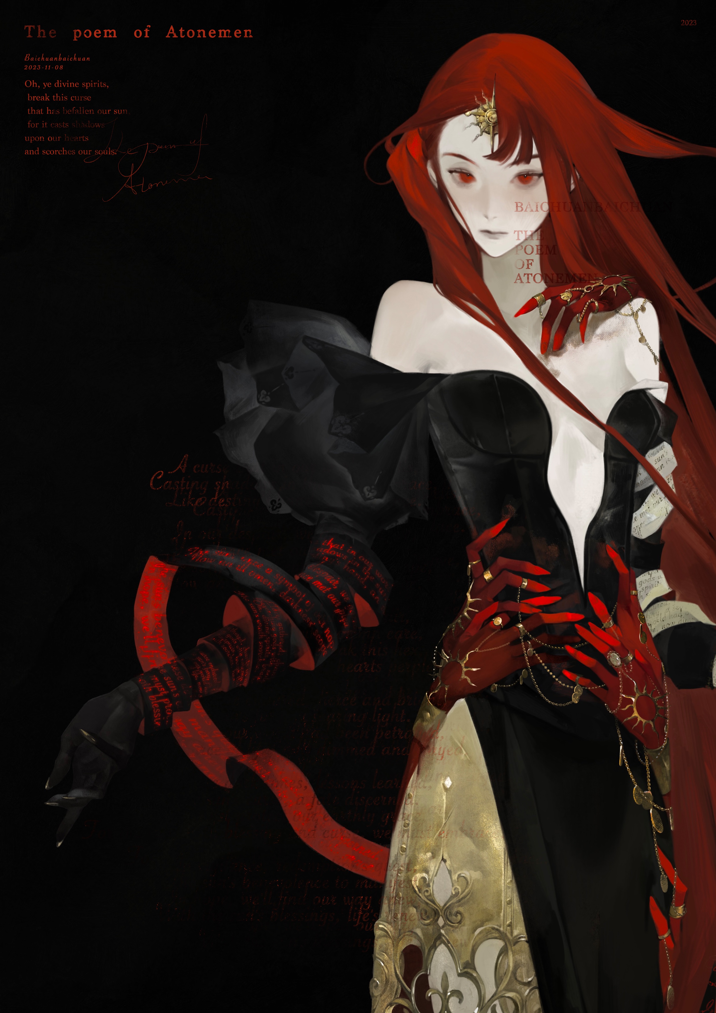 the image is a digital art illustration of a beautiful anime woman with long red hair and wearing a black and gold dress. she has red gloves on both hands. her eyes are large and expressive, and her lips are slightly parted. she looks mysterious and powerful. the background is dark, and the only light comes from the woman herself. the art style is very detailed and realistic, and the woman's expression is both seductive and mysterious.