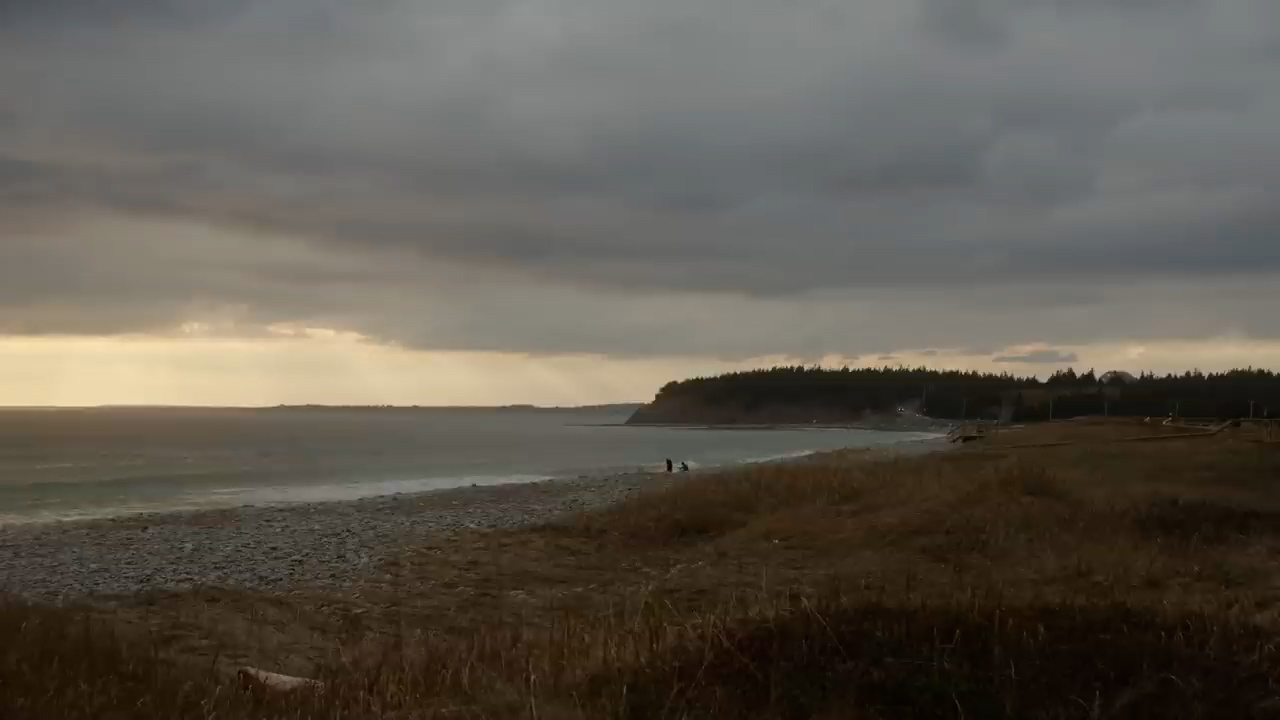 a wide shot of a beach on a cloudy evening. the beach is covered in rocks and the grass in the foreground is brown. the ocean is choppy and a line of trees grows along the top of the hill in the distance. two people are walking on the beach. the sky is cloudy but the sun is setting in the distance, casting a warm light on the clouds.