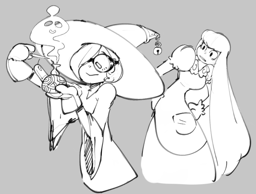 this is a black and white line art sketch of two cartoon women, one with a witch hat and long hair, with a big hat and the other with a long dress and a long flowing hair, they are both smiling and looking happy. the woman with the witch hat is holding a magical orb in her hands and a small ghostlike creature is floating over her head, she is wearing a witch hat. the other woman is wearing a long dress and looking at the woman with a smile. they seem to be having a good time.
