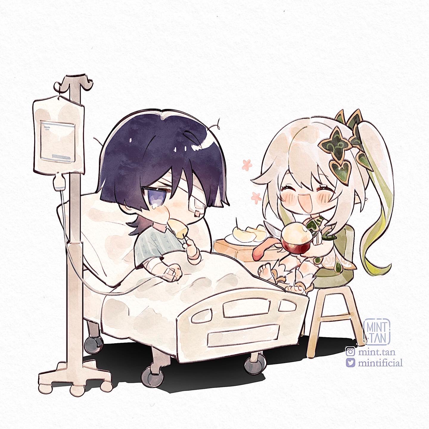 this is a digital art illustration of two anime characters in chibi form. the boy is laying in a hospital bed with an iv, and the girl is sitting on a chair next to him. she's smiling and holding a red apple. the boy is eating something yellow. the style of the art is pastel watercolor. there are some hearts around the girl. the art is signed by the artist "mint tan" and is a mix of cute and sad.