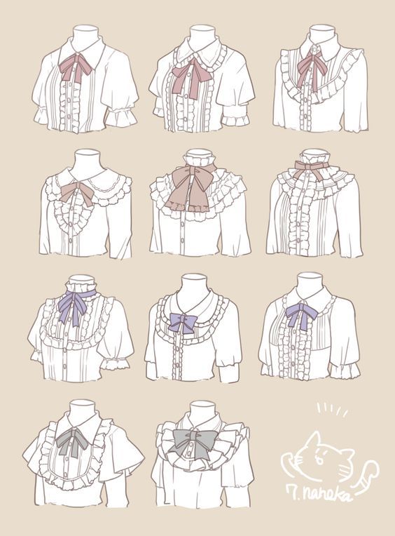 a digital illustration featuring twelve variations of a blouse design. each blouse showcases unique ruffle and bow arrangements, emphasizing a delicate and feminine aesthetic reminiscent of lolita or victorian fashion. the designs are presented on headless mannequins against a plain beige backdrop.