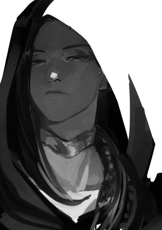 a black and white portrait of a woman with long hair and a hood. she has a serious expression and her face is obscured by shadows.