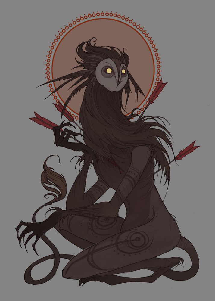the image depicts a humanoid creature with an owl's head and brown fur or feathers covering its body. it has piercing yellow eyes and sits in a squatting position. two arrows are piercing its body, and a circle or halo surrounds its head. the creature has sharp claws, a long tail, and is decorated with tattoos. the overall aesthetic is eerie and fantasyinspired.