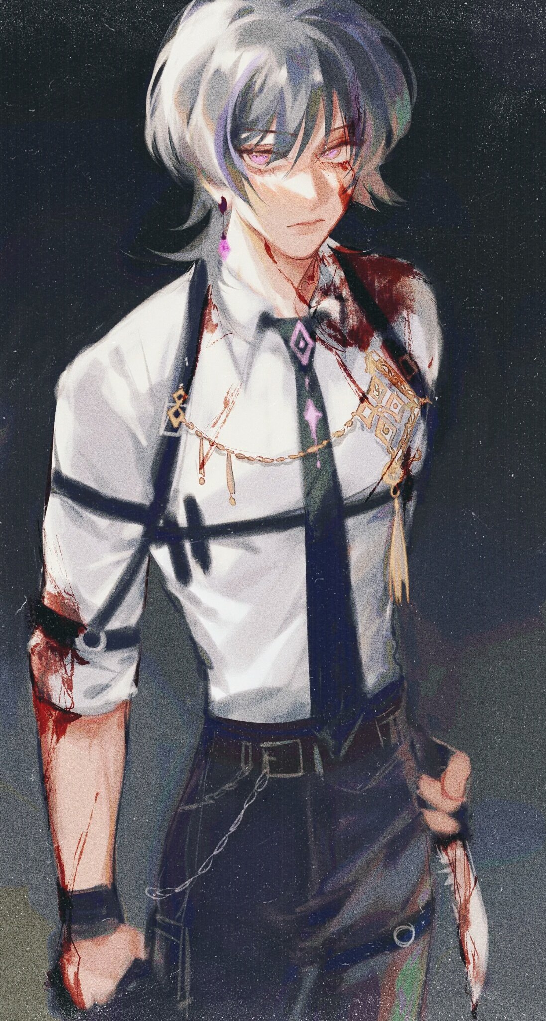 the image is a digital painting or illustration of an animestyle male character. he has long, white hair with purple undertones, purple eyes, and is wearing a white shirt with a dark tie, a harness, and various chains and accessories.  there is blood on his shirt and arms, suggesting injuries or a recent fight.  he has a serious, possibly brooding expression and is holding a bloody knife. the background is dark and moody, contributing to the overall mysterious and edgy atmosphere of the artwork. the style is detailed and highly stylized, characteristic of anime and manga artwork.