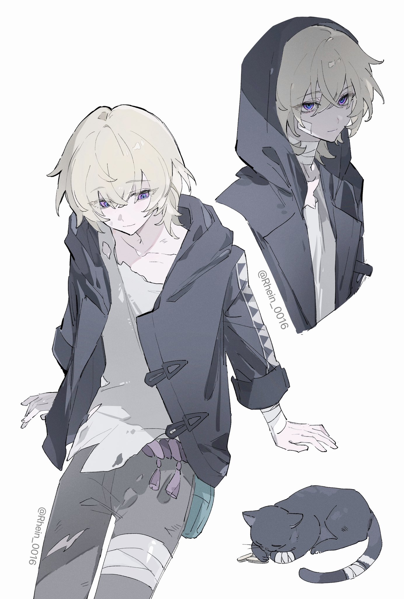 the image is a digital illustration featuring a young animestyle boy with blonde hair and striking purple eyes. he is depicted twice: once in a more detailed, fullbody pose, wearing a dark greyishblue hooded jacket with tattered clothing and bandages suggesting injury.  the other image shows a closer, upperbody view of the character in a similar hooded jacket.  the fullbody image also showcases a grey cat with bandages on its paw, resting near the boy's feet. the art style is minimalist and slightly muted in its color palette, characteristic of some modern anime and manga styles.  the overall mood is melancholic and somewhat mysterious.