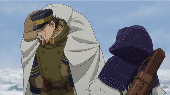 there are 2 anime characters standing in the snow with a snowy mountain as the background. one of the characters is wearing a white cloak over a green jacket with a brown backpack and a hat. he looks tired and is looking down with his face slightly covered by the cloak. the other anime character is wearing a purple hooded cloak and carrying a riflelike weapon on their back.