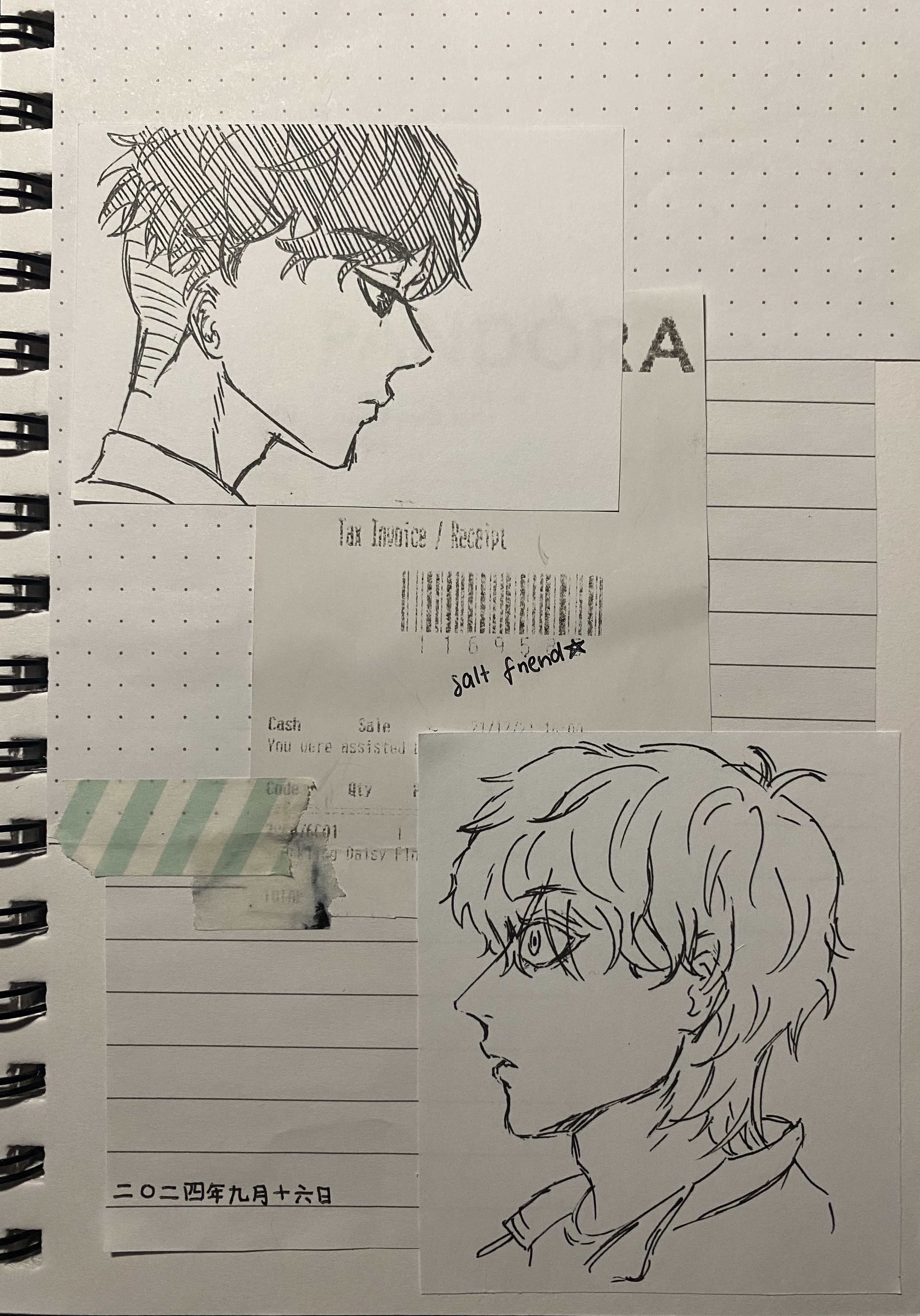 the image shows a notebook page with several sketches of animestyle male characters drawn in pen. the sketches are in profile view.  there are also pieces of receipts and a washi tape piece adhered to the page.  japanese text is visible on one of the receipt fragments and at the bottom of the page.