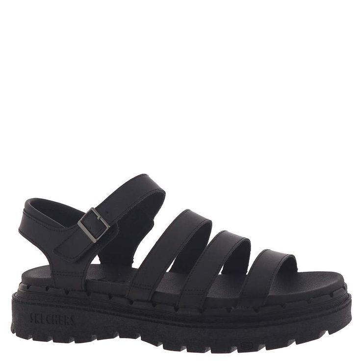 a black skechers platform sandal is showcased against a white background. the sandal features three straps across the foot and an adjustable ankle strap with a buckle. the platform sole is visible and has the skechers logo printed on the side.