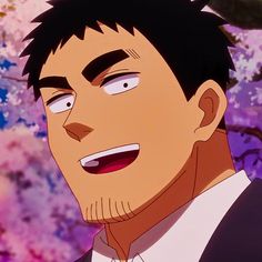 closeup of an anime man with short black hair and brown eyes. he has a wide smile and stubble on his chin. he is wearing a white shirt and a black suit jacket. the background is a softfocus of pink and purple flowers.