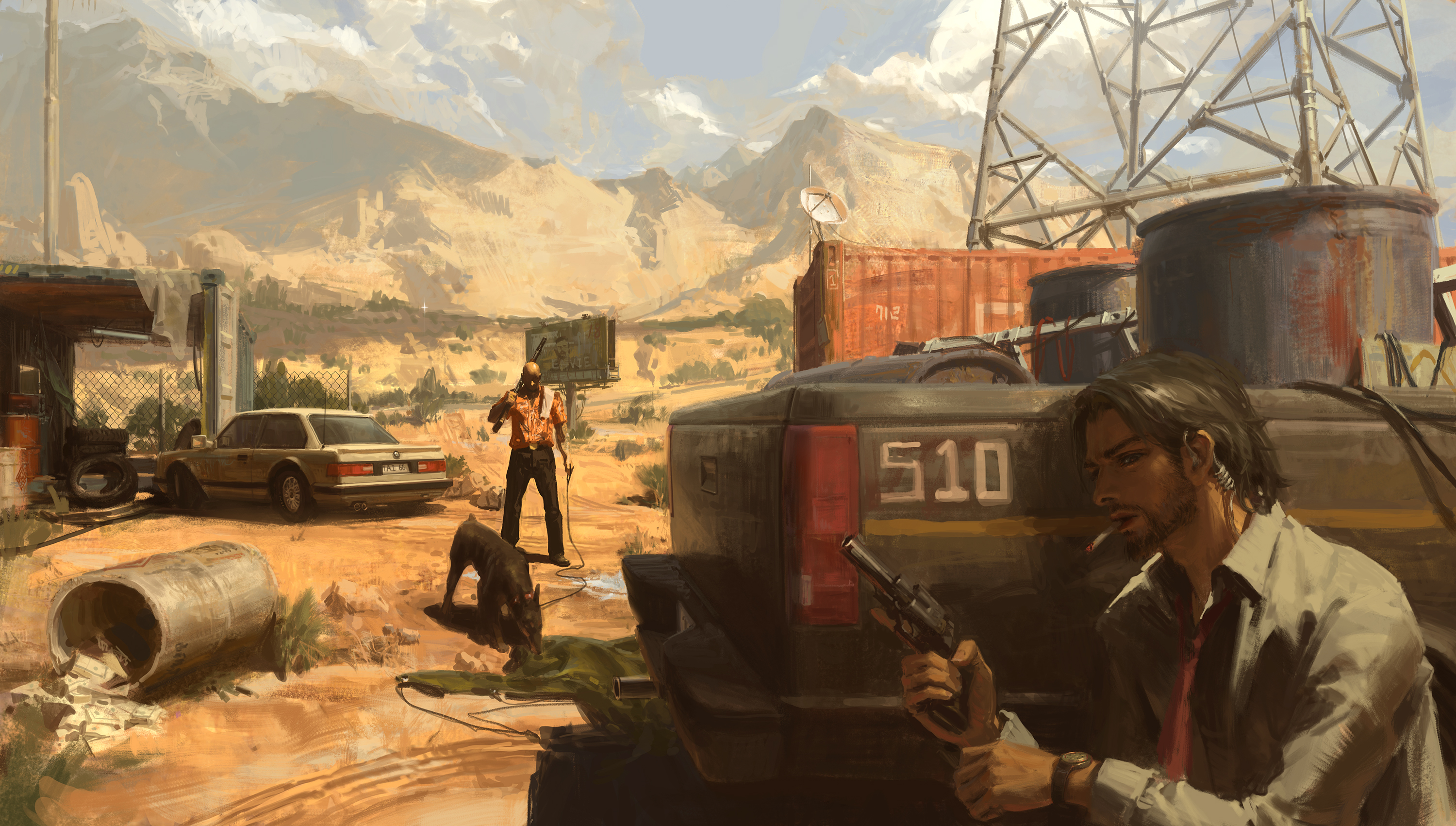 a scene depicts a desert landscape with mountains in the background, featuring several characters and elements suggestive of a postapocalyptic or dystopian setting. in the foreground, a man with dark hair and a white shirt is holding a gun and smoking a cigarette, standing near the back of a truck with "510" printed on it. another man with a shotgun is walking a dog. there is a car parked near a makeshift garage with a chainlink fence, and a barrel filled with cash lies on the ground. a communications tower is visible in the background, along with shipping containers and a billboard. the overall atmosphere suggests a tense and potentially dangerous situation.