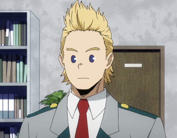 a young man with blond hair and blue eyes stares seriously ahead, wearing a formal suit and tie, likely his school uniform. he appears to be a student or teacher, with a bookshelf and a closed door in the background. this image is likely from the anime series "my hero academia."