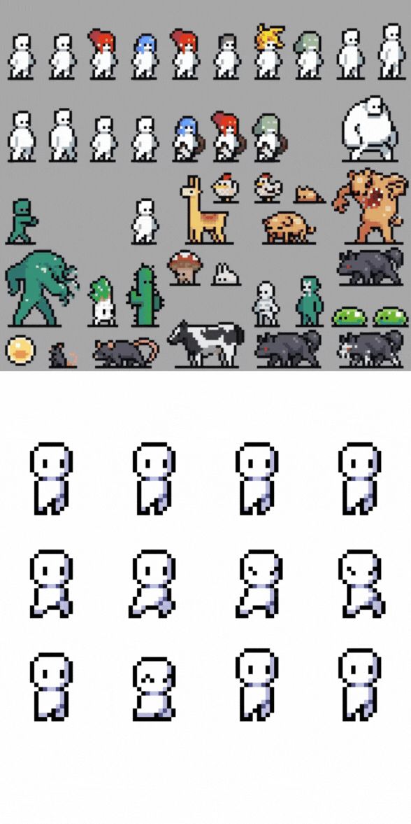 a pixel art sprite sheet showing various characters, creatures, and a few environmental elements. the bottom portion of the sheet focuses on a humanoid character and its animation cycle for walking.