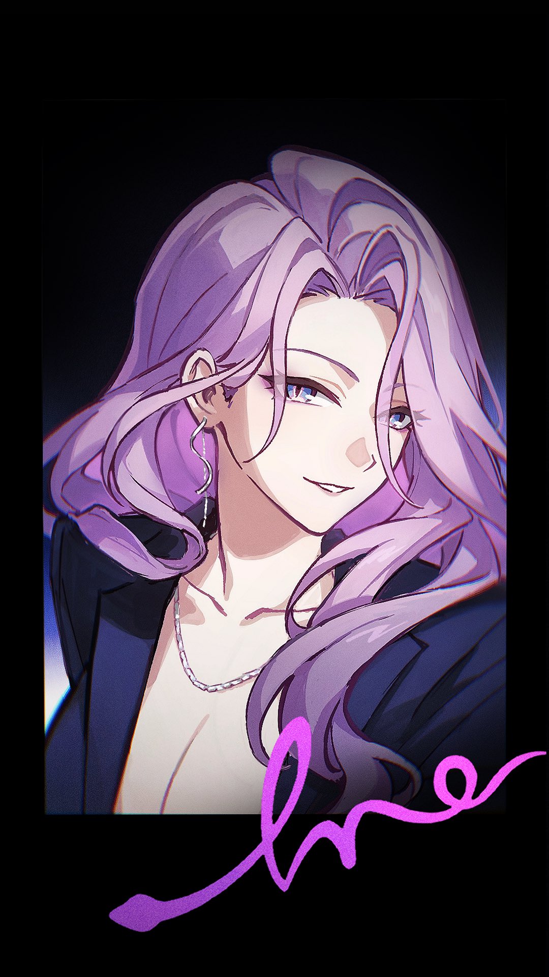 an animestyle portrait of a woman with long, wavy lavender hair and piercing blue eyes. she has a subtle smirk on her face and is wearing a black blazer, a silver necklace, and a single silver earring. the background is black.