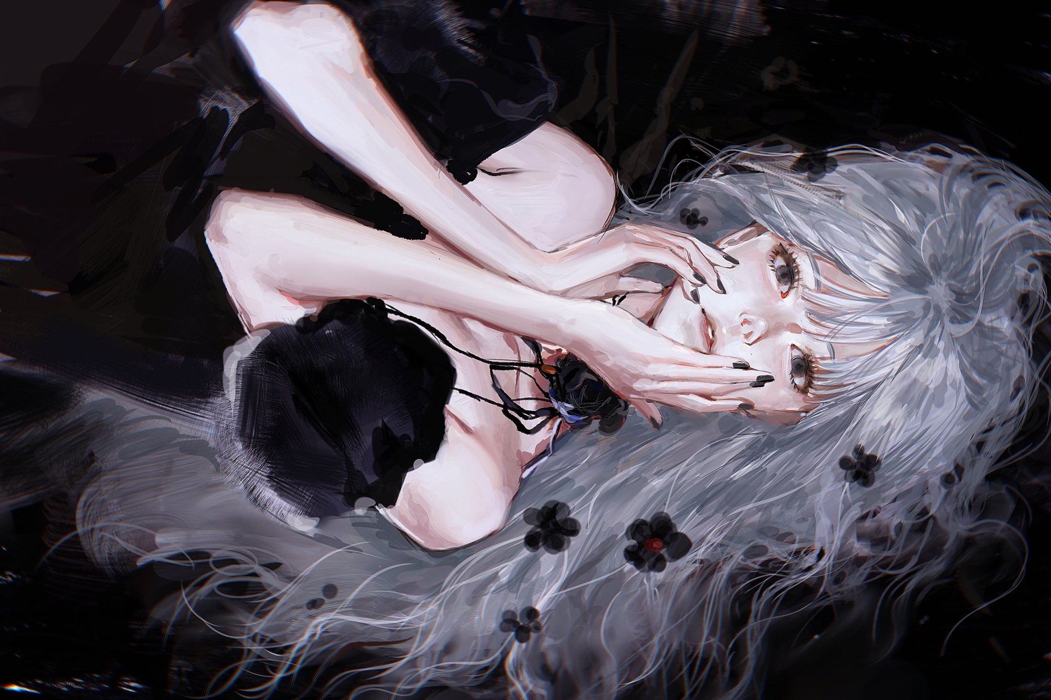 a digital illustration of an anime girl with white hair, she is wearing a black dress and is lying on her side with her hands covering her face. she has black flowers in her hair, and the overall tone of the image is dark and dreamy.