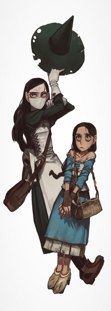 the digital artwork depicts two girls in a stylized, almost steampunk/dark fantasy setting.  the taller girl, who appears older, is dressed in a long, dark green and white dress resembling a plague doctor's attire; she wears a mask and carries a large, damaged dark green witch's hat.  she also carries a brown satchel.  the shorter girl, who seems younger, wears a simple blue dress and carries a smaller wicker bag.  both girls have expressive eyes and seem to be traveling companions, with a somewhat mysterious, whimsical tone to their depiction. the art style is dark and detailed with soft shading, giving a slightly vintage or antique feeling.