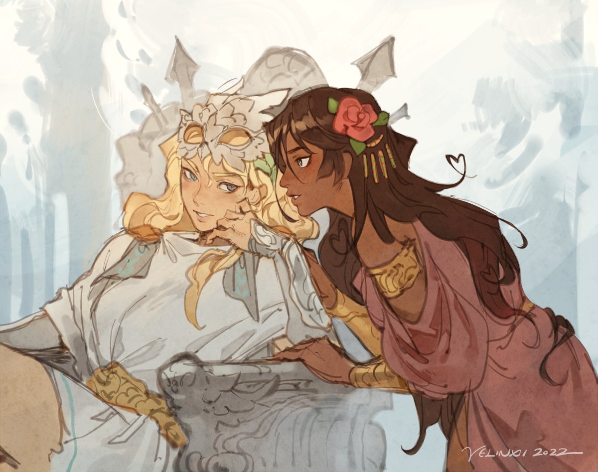 an illustration of two women in a fantasy setting. one with fair skin and blonde hair wearing a mask and sitting on a throne. the other with brown skin and brown hair wearing a pink dress.