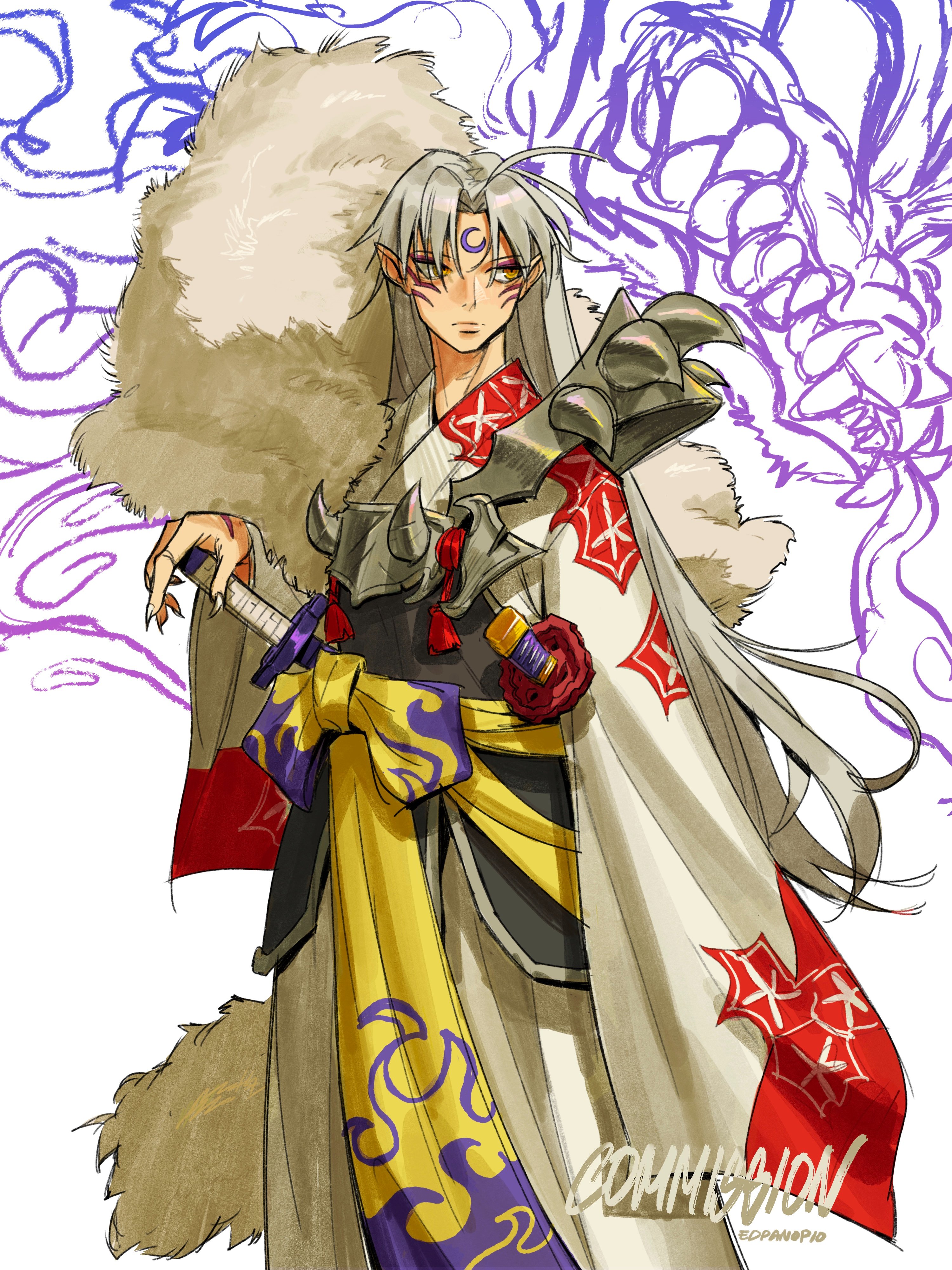 the image is a vibrant piece of digital fanart depicting sesshomaru from the anime and manga series inuyasha. he's depicted in a detailed and stylized manner, wearing an elaborate kimono with a yellow and purple obi, accented with red and dark gray armor. a large, fluffy white fur collar and stole encircle him. a sword is partially visible at his side. behind him, there are stylized, purplishgray markings resembling smoke or magic. the artist's signature "edpanapio" and "commission" are faintly visible in the lower right.  the overall style is characteristic of anime and manga art, featuring sharp lines, expressive eyes, and dynamic posing.  the color palette is rich and balanced.