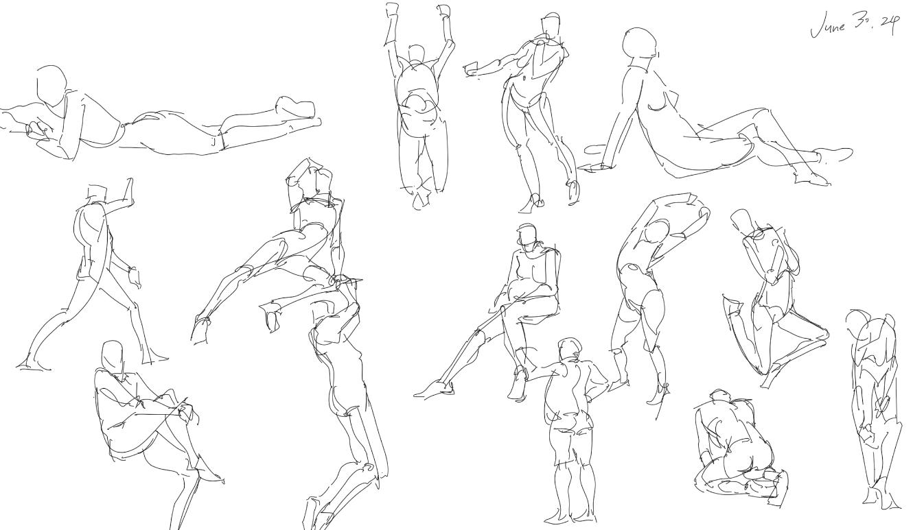 a page of gesture drawings of various figures in different poses. the drawings are done in a loose and expressive style, with quick lines and minimal detail.