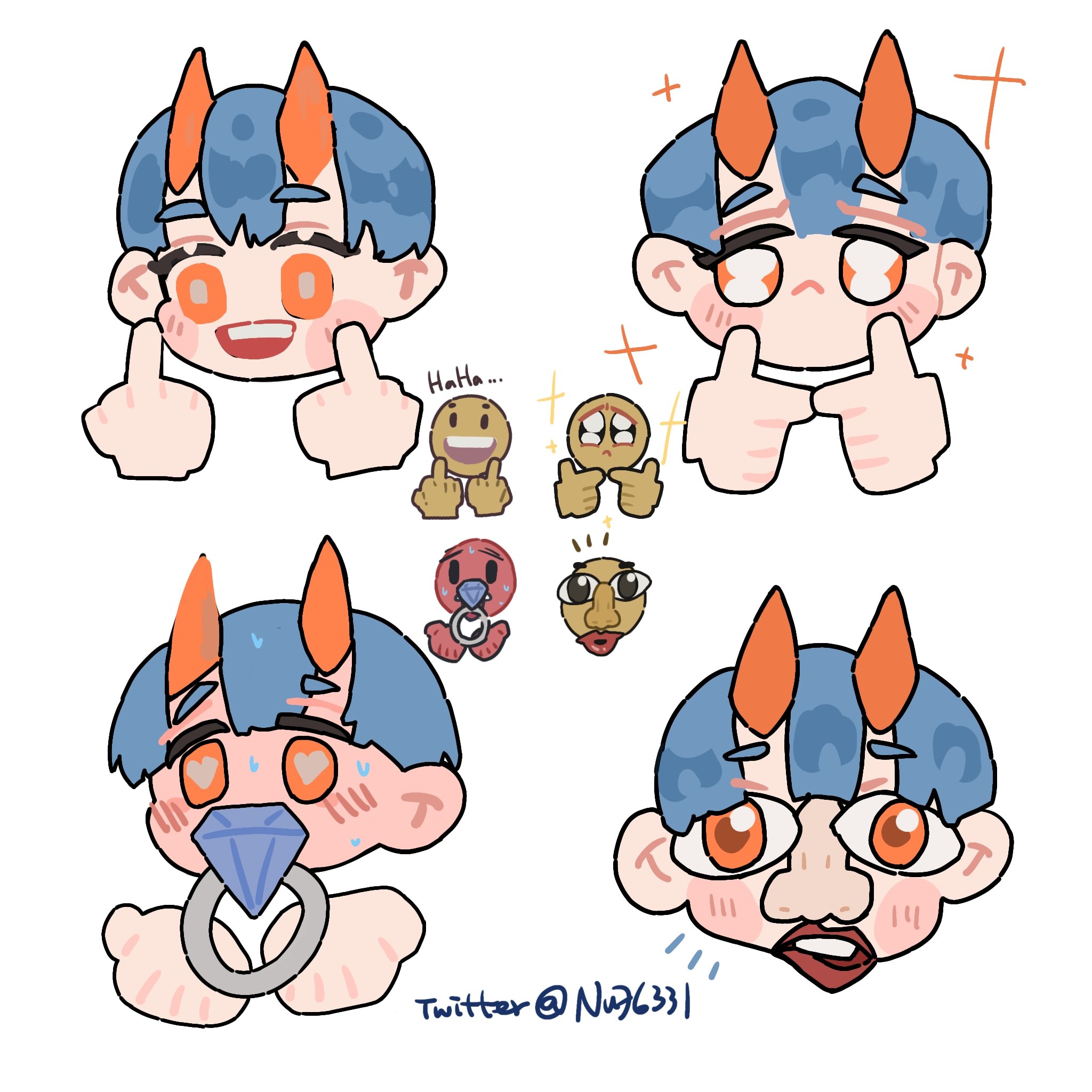 the image is a digital cartoon illustration of an anime character, featuring different facial expressions. the character has orange horns, blue hair, and large eyes. the image includes 5 different expressions, all with different facial features and body poses,  each expression is highlighted with  different emojis. the character is styled in a "kawaii" style, with big eyes and cute features. the artwork is done in a bright and colorful style, with a simple background.  the illustration appears to be a memelike image.