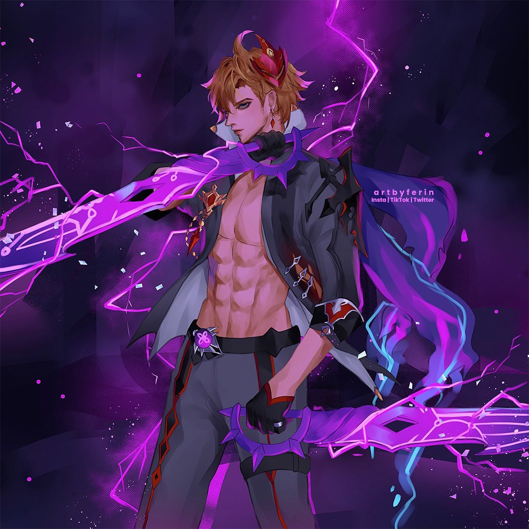 the image is a vibrant digital fanart depicting a stylized male anime character.  he has light brown hair styled upwards,  and is wearing a dark, almost black, jacket over a bare, muscular torso. the jacket features various embellishments and appears to be designed in a fantasy style.  he holds two glowing, purple and teal swords/blades that crackle with electric energy. the background is a dark purple with streaks of purple and electric blue lightning, creating a dynamic and powerful atmosphere. the overall style is sleek and detailed, suggestive of characters from video games such as genshin impact.  the artist's signature, "artbyferin," is visible in the upperright corner along with social media handles. the character seems confident and commanding, possibly a main protagonist or antagonist in a fictional story.