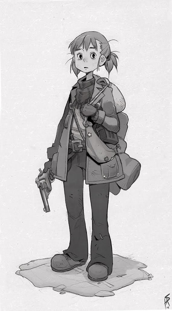 a fulllength, black and white illustration of a young girl with a determined expression.  she's dressed in rugged clothing with a pistol in a holster and a backpack. the style suggests a concept for a postapocalyptic or dystopian setting.